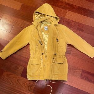 Wool hooded coat in mustard yellow